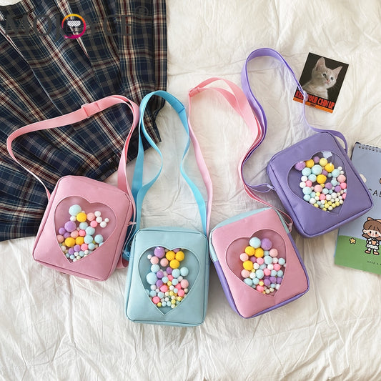 Japanese Style Women Cute Clear Love Shouder Crossbody Bag with Colorful Balls Fashion Solid Color Oxford Cloth Zipper Handbags