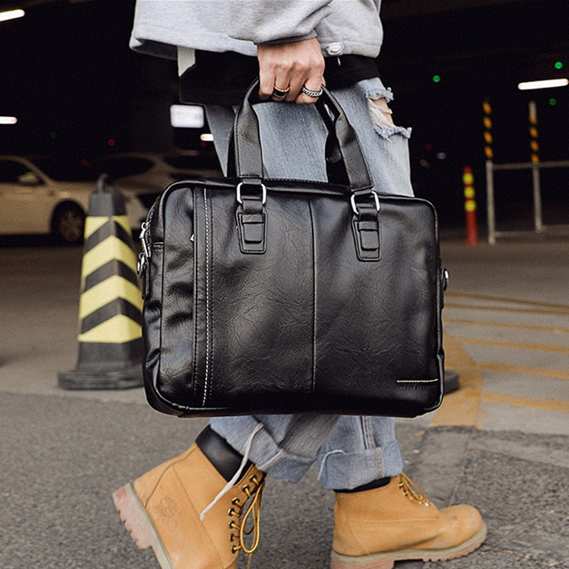 Burminsa Business Men Briefcase 14inch Laptop Bags High Quality PU Leather Office Work Shoulder Bags Black Computer Bags