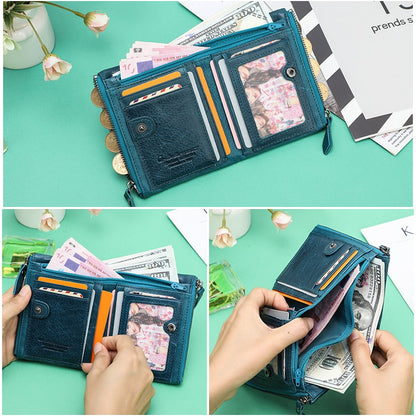 Contact&#39;s Genuine Leather Wallet Women Coin Pocket Double Zipper Card Holder Money Bags Fashion Ladies Small Purses Mini Wallet