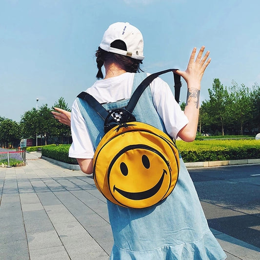 Funny Smiling Face backpack women laptop bag  big capacity Cartoon Printed Students Backpacks children nylon Travel bag yellow