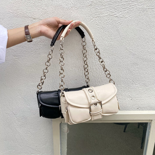 Retro Women&#39;s Chain Small Shoulder Bag Solid Color PU Leather Ladies Underarm Bags Fashion Female Armpit Bag Tote Purse Handbags