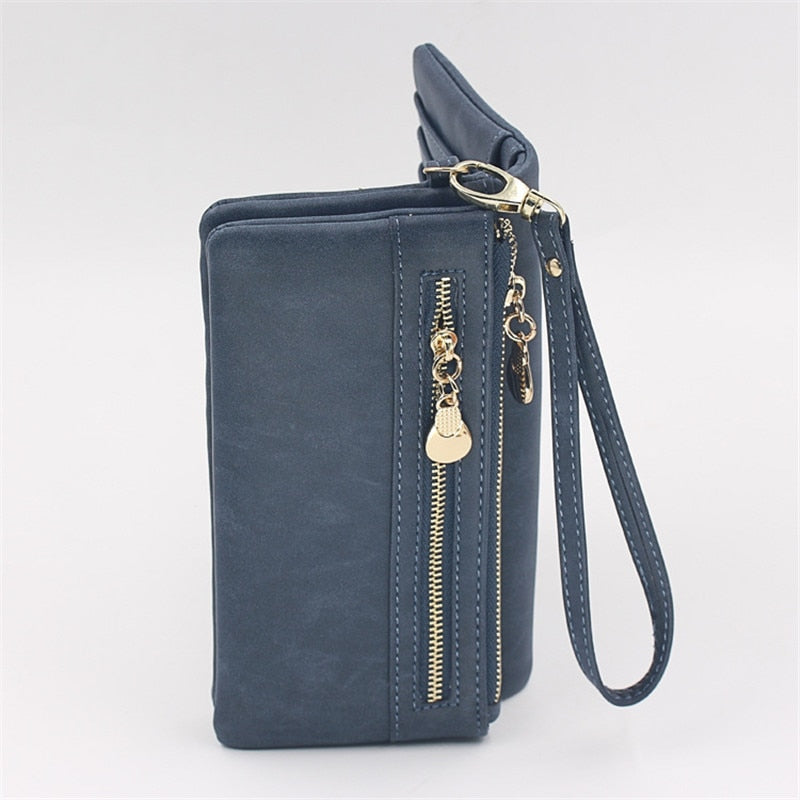 Fashion Women Wallets Dull Polish Leather Wallet Double Zipper Day Clutch Purse Wristlet Portefeuille Handbags Carteira Feminina