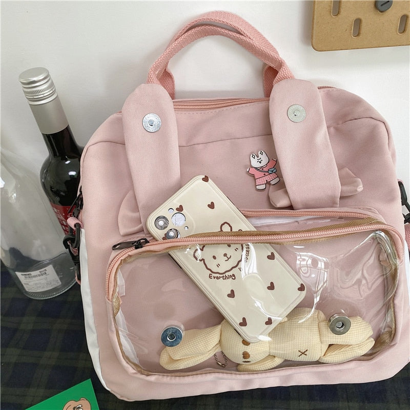 Bunny Ita Bag Backpack Cute Rabbit Ears Shoulder Bag Kawaii Girls Pink Backpack Bag with PVC Transprent Pocket Clear Itabag H219