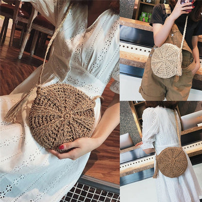 Women Shoulder Bag Round Circular Rattan Wicker Straw Woven Zipper Summer Beach Basket Purse Female Handbag Fashion Straw Bags