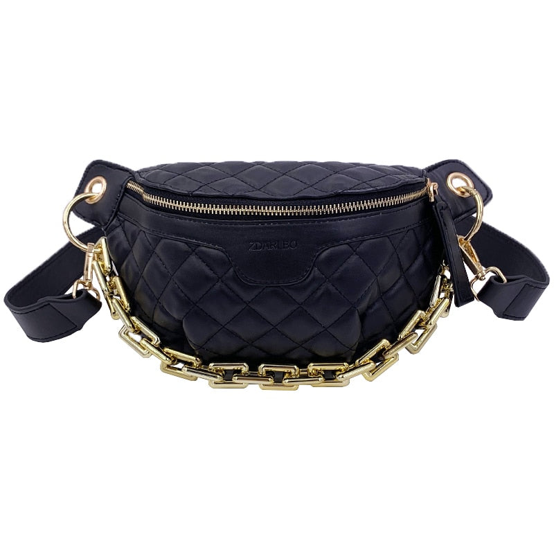 Thick Chain Women&#39;s Fanny Pack Plaid leather Waist Bag Shoulder Crossbody Chest Bags Luxury Designer Handbags Female Belt Bag