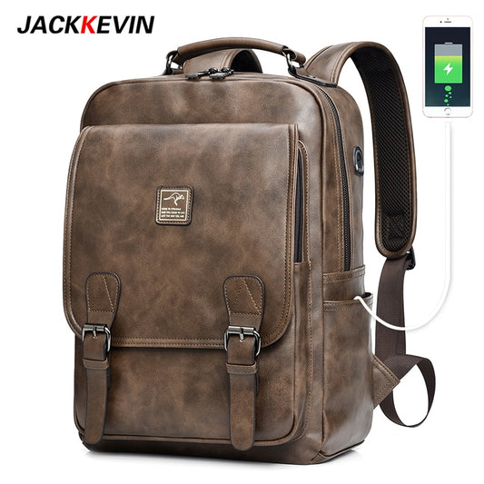 Jackkevin Men&#39;s Retro Leather Backpack Multi-function Large Capacity Men bag Travel Backpack Waterproof Laptop Backpack Mochila