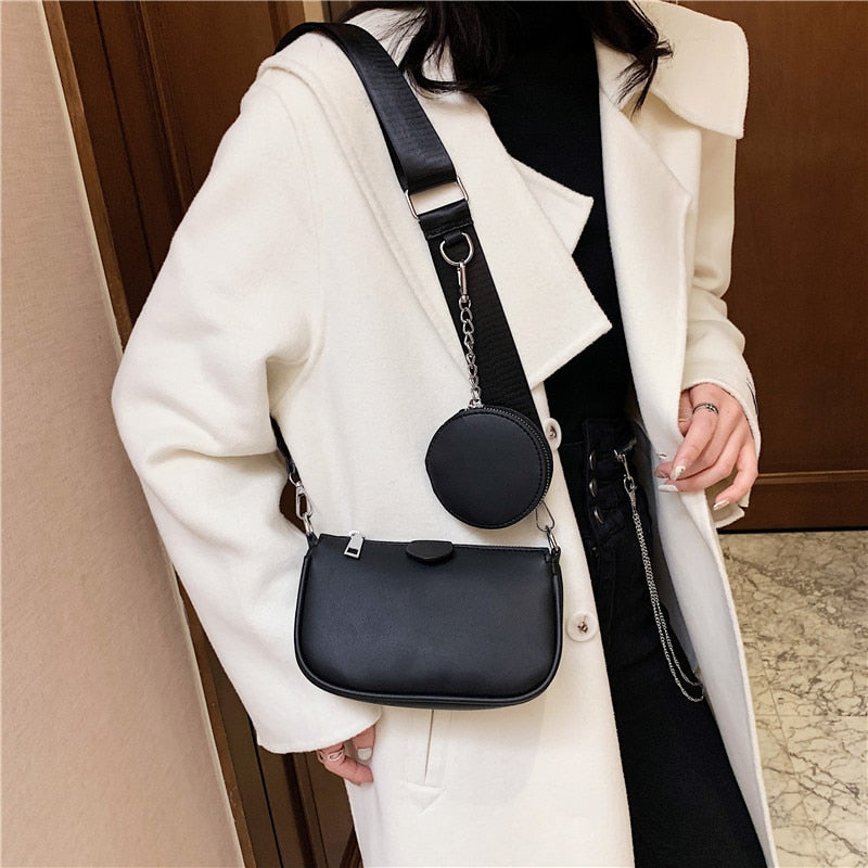 Fashion Black Shoulder Bags New Women Clutches Designer Leather Wide Shoulder Strap 2-IN-1 Messenger Bag Female Handbag