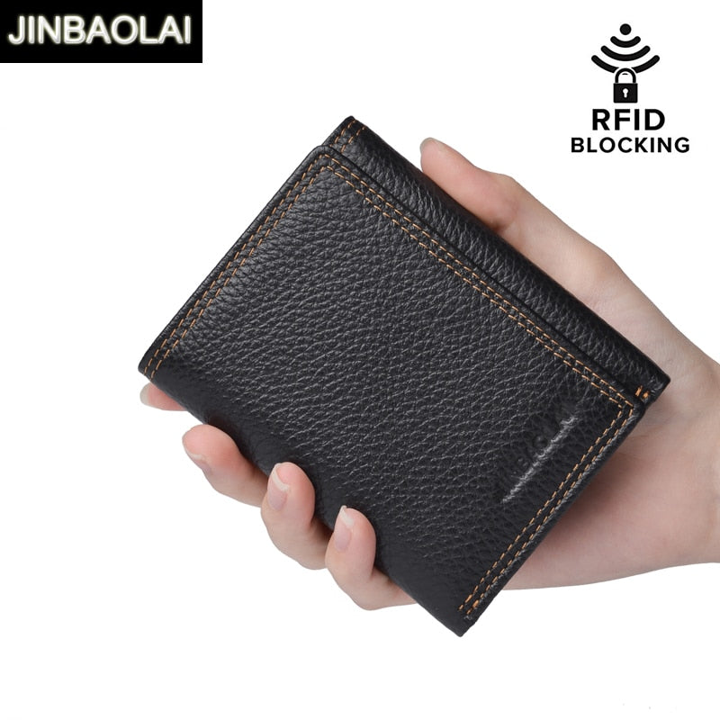JINBAOLAI New 100% Genuine Leather Men Wallet Coin Purse RFID Blocking Wallet Men Trifold Multi-Card Card Holder Wallets Male