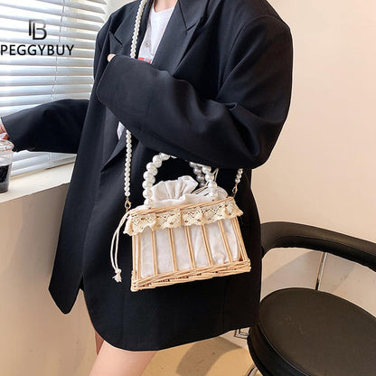 Casual Summer Rattan Woven Women Shoulder Crossbody Bags Fashion Pearl Chain Basket Drawstring Ladies Small Top-handle Handbags