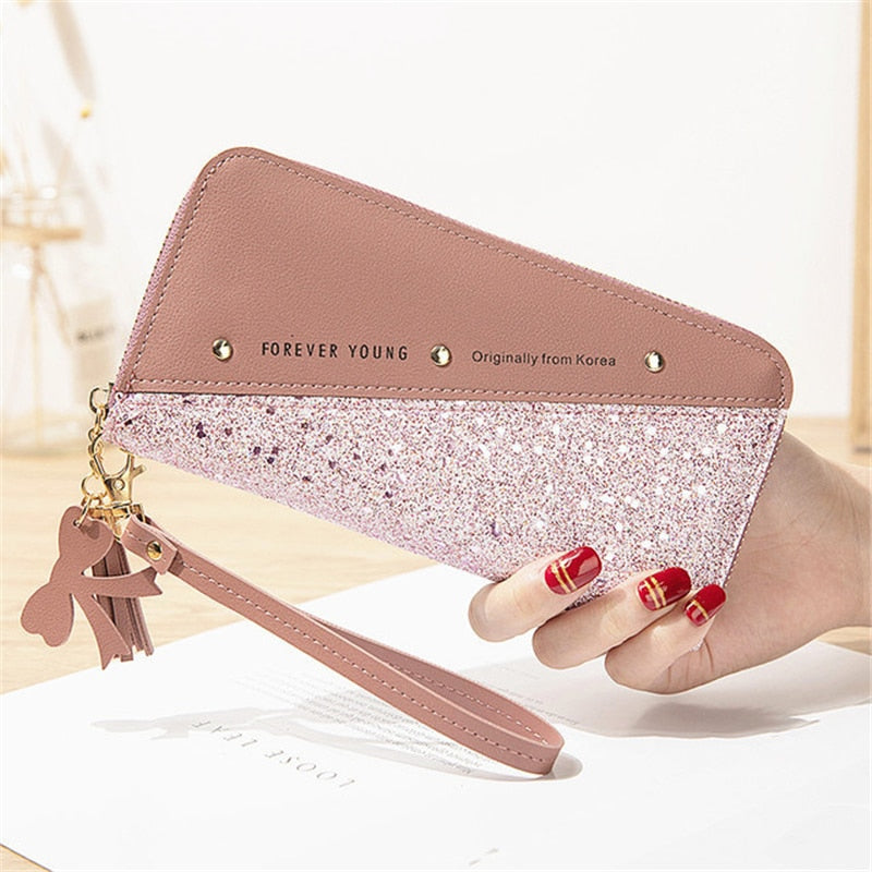 Fashion Women&#39;s Pu Leather Long Wallets Sequins Patchwork Glitter Wallet Coin Purse Female Wallets Girls Gifts Wholesale