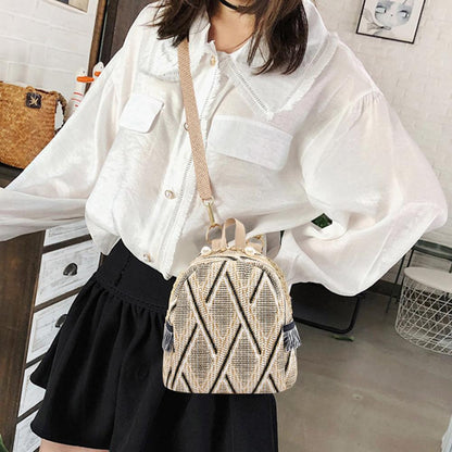 3 In 1 Anti Theft Women Straw Small Backpack Handmade Rattan Tassel Crossbody Girls Travel Bag Summer Beach Shoulder Bag