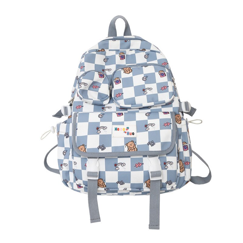 Waterproof Kawaii Cartoon Print Lady Lattice Bag Women Plaid Backpack Travel Fashion Female Laptop College Girl Cute School Bags