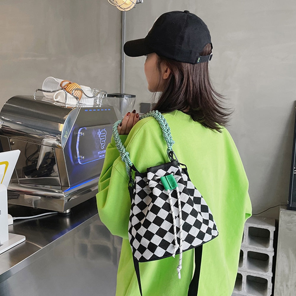 Women Shoulder Bags Vintage Checkerboard Hit Color Messenger Bag Women Drawstring Crossbody Bags Female Canvas Handbag