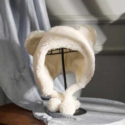 Winter Cute Bear Ears Warm Hat Women Beanies Windproof Cap Student Women Add Wool Cap Female Hat Present