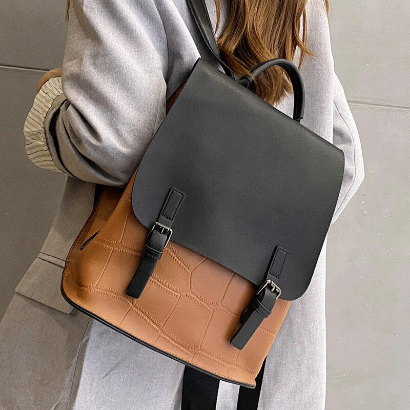 Backpack Women&#39;s New Leather Color Matching Cowhide Women&#39;s Bag Simple Backpack Women&#39;s Schoolbag