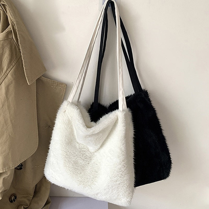 Fashion White Shoulder Bag Cute Winter Portable Soft Fluffy Plush Handbag Casual Big Capacity Commuter Totes