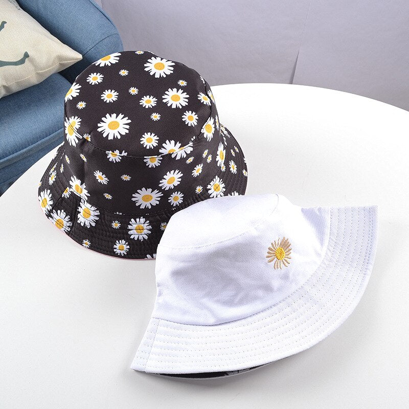 Daisies Embroidered Buckets Hat Cow Women Transparent Lace Flower Beach Panama Hats Top Snapback Fashion Daisy Sun Cap Summer