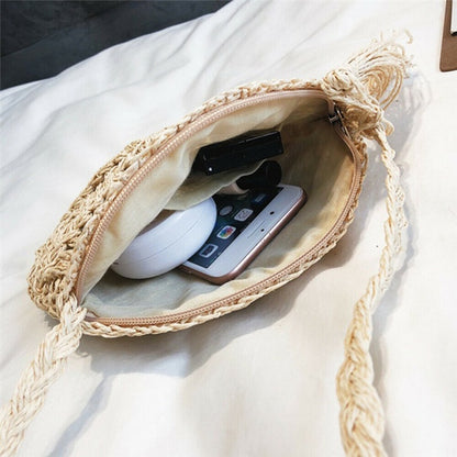 Women Shoulder Bag Round Circular Rattan Wicker Straw Woven Zipper Summer Beach Basket Purse Female Handbag Fashion Straw Bags