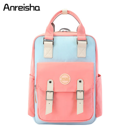 Anreisha women school backpack girls waterproof laptop backpack canvas Pink Patchwork school backpacks bags for teenage girls