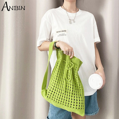 Women&#39;s Shoulder Bag Korean Fashion Wool Knitted Woolen Drawstring Mouth Shopping Hollow Out Bucket Bags Casual Female Handbag