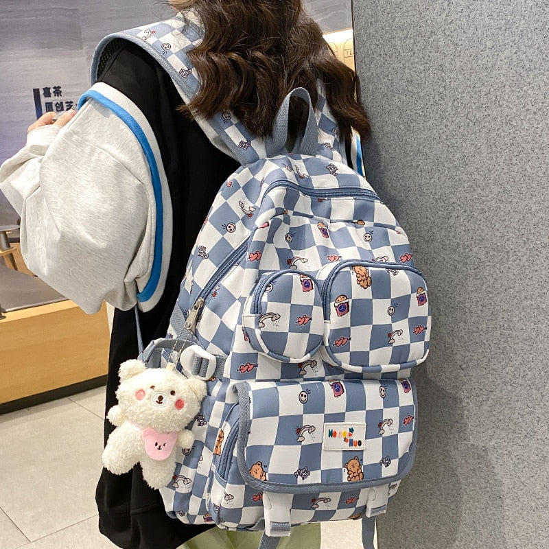 Waterproof Kawaii Cartoon Print Lady Lattice Bag Women Plaid Backpack Travel Fashion Female Laptop College Girl Cute School Bags