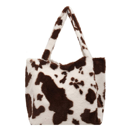 Fashion Plush Cow Milk Print Shoulder Bag Women Casual Large Capacity Shopping Bags Female Autumn Winter Tote Handbags