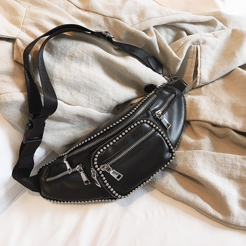 PU Leather Women Luxury Designer Handbags Shopper Bag New Fashion Hong Kong Style Personality Beads Waist Bag Crossbody Bag