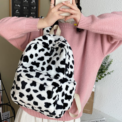 New Winter Women Warm Plush Backpack Teenager Girls School Bag Fashion Cow Print Backpacks Female Multi-Pockets Travel Bag