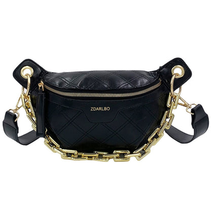 Thick Chain Women&#39;s Fanny Pack Plaid leather Waist Bag Shoulder Crossbody Chest Bags Luxury Designer Handbags Female Belt Bag