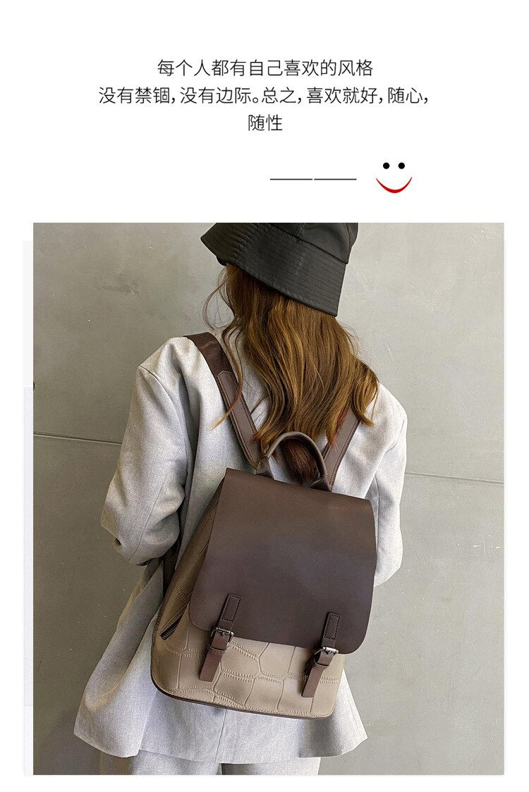 Backpack Women&#39;s New Leather Color Matching Cowhide Women&#39;s Bag Simple Backpack Women&#39;s Schoolbag