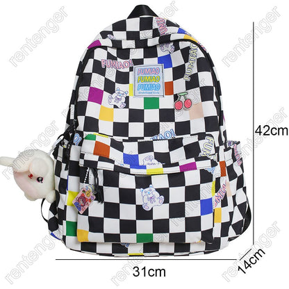 Women Laptop Plaid College Bag Cute Cartoon Girl Travel Backpacks Nylon Fashion Lattice Ladies Kawaii Backpack Female School Bag