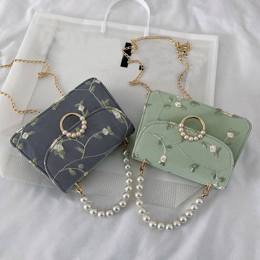 Women PU Net Yarn Flower Embroidery Shoulder Bags Messenger Bags Vintage Pearl Chain Handbags Female Fashion Flap Crossbody Bags