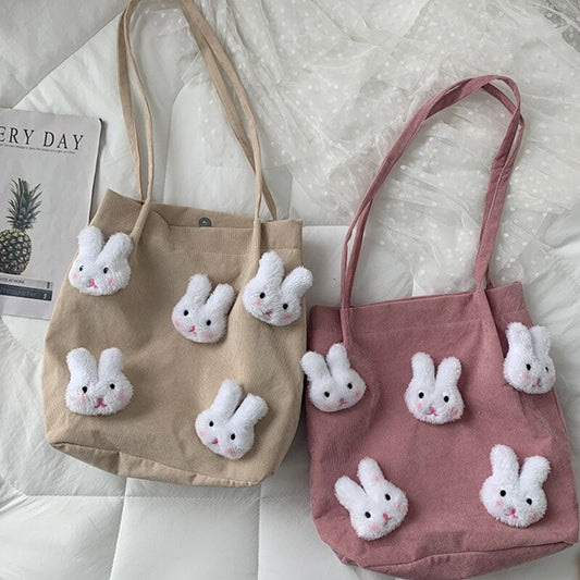 Candy Color Cartoon Rabbit Women Corduroy Shoulder Shopper Bag Student Handbags Cotton Cloth Eco Fabric Tote Shopping Bag for