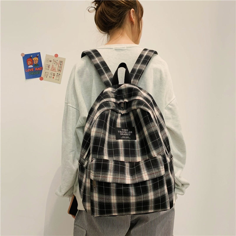 Fashion Plaid Canvas Women&#39;s Backpack Student Backpacks Teenage Girl School Bags Large Capacity Waterproof Travel Rucksack