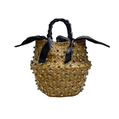 Hand-Sewn Summer Holiday Beach Bag With Pearl Ladies Woven Bucket Straw Diamond Bags Designer Hot Handbags Clutch for Women