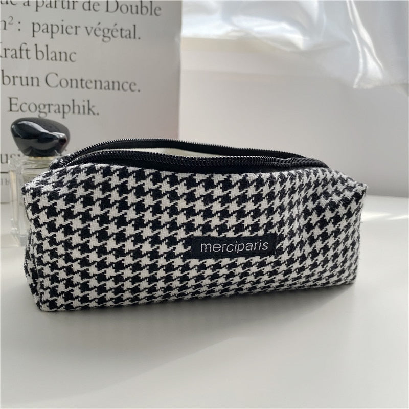 Ins Houndstooth Cosmetic Bag Fashion Literary Zipper Letter Lable Small Storage Bag Female Girls Camvas Pencil Case Makeup Bags
