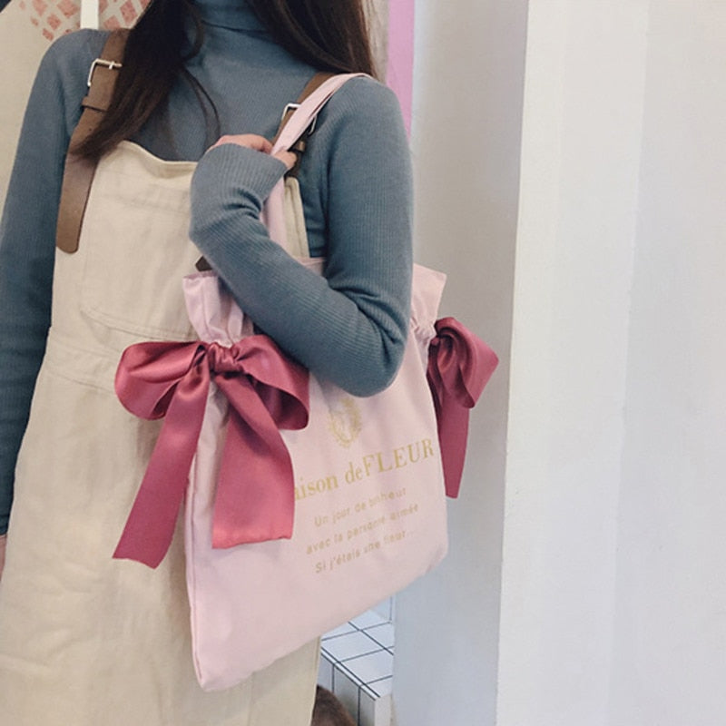Women&#39;s Cute Shoulder Bag Teen Girl Bow Handbags Student Bookbag Tote Reusable Schoolbag Ladies Shopping Bag New Fashion