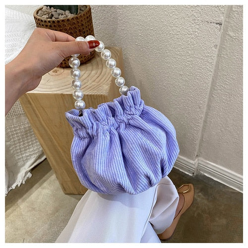 Women Shoulder Bags Little Bucket Pearls Handbag Vintage Chain Crossbody Corduroy Pleated Candy Colors Chic All-match Bag Female