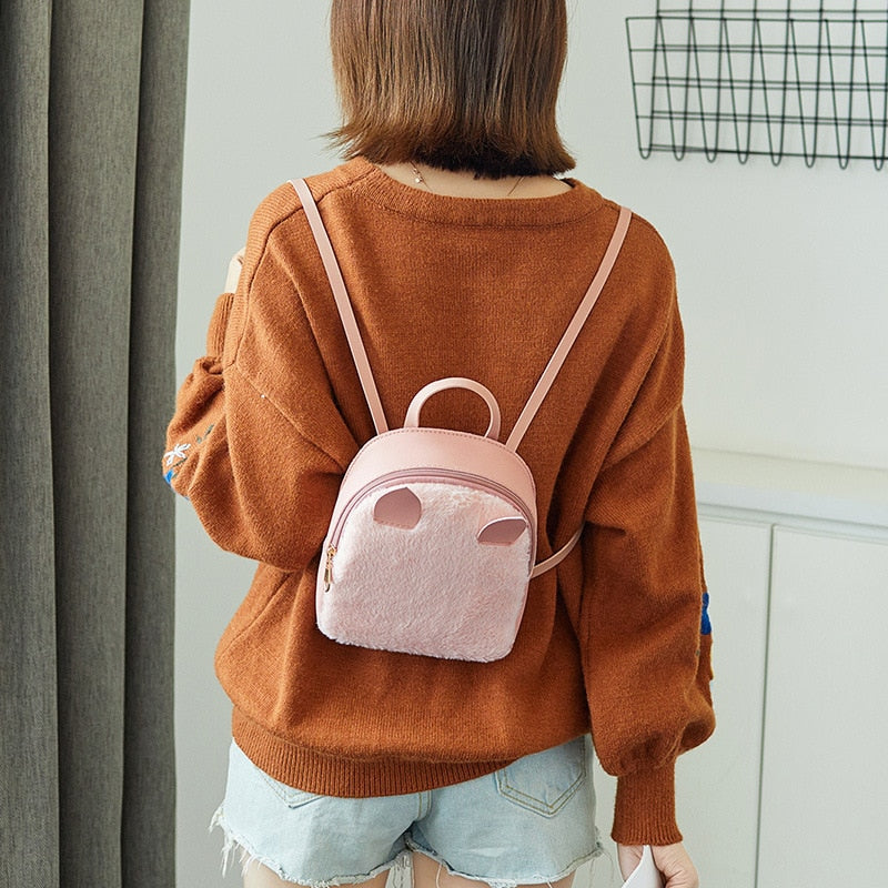 Cute Cartoon Cat Ears mini Backpack Girl Schoolbag PU Plush Women bookbag korean School Backpack