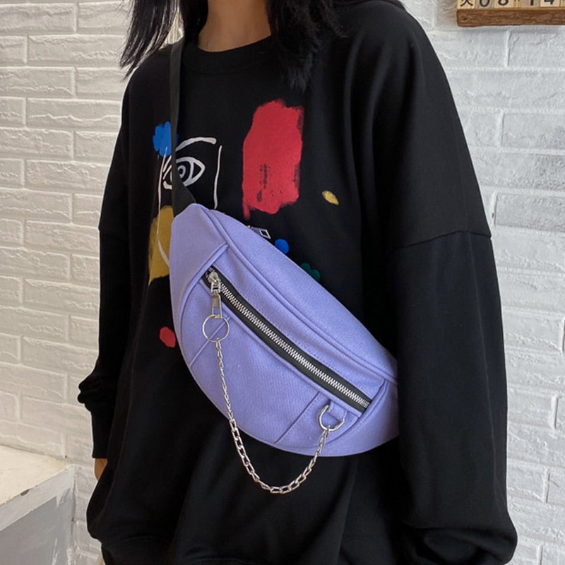 New Women Chain Waist Bag Ladies new Designer Canvas Fanny Pack Fashion Travel Money Phone Chest Banana Bag Female Bum Belt Bags