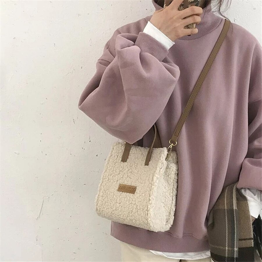 Women Winter Shoulder Bag Lamb Wool Warm Soft Autumn Ins Square Cross-body Portable Casual Self-made Hand-Woven Bag Material Bag