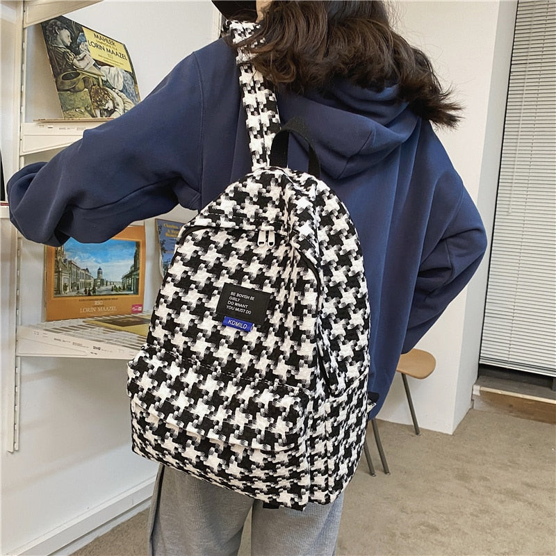 DCIMOR New Plaid Women Backpack Ladies Kawaii Knitted Cotton School Bag Teenage Girl Cute Portable Casual Bagpack Female Bookbag