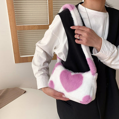 Women Soft Plush Shoulder Bag Heart Print Small Handbags Female Faux Fur Underarm Bag Fluffy All Match Winter Warm Bags