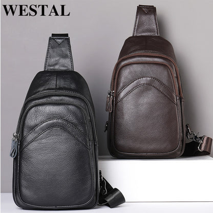 WESTAL Men&#39;s Chest Bag Genuine Leather Shoulder Messenger Bag Men Sling Bags Travel Day Pack Black Designer Crossbody Pack 9000