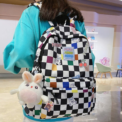 Women Laptop Plaid College Bag Cute Cartoon Girl Travel Backpacks Nylon Fashion Lattice Ladies Kawaii Backpack Female School Bag