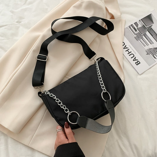 Casual Ladies Crossbody Bags Nylon Chain Bag Women Vintage Black Shoulder Bags Girls Street Armpit Bag Solid Color Handbags