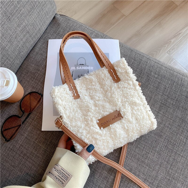 Women Winter Shoulder Bag Lamb Wool Warm Soft Autumn Ins Square Cross-body Portable Casual Self-made Hand-Woven Bag Material Bag