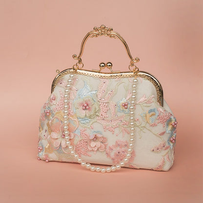 Women Lace Pink Pearl Beaded Frame lady Tote Vintage Solid Clear Bag Handbag with White Cotton Lace Fabric