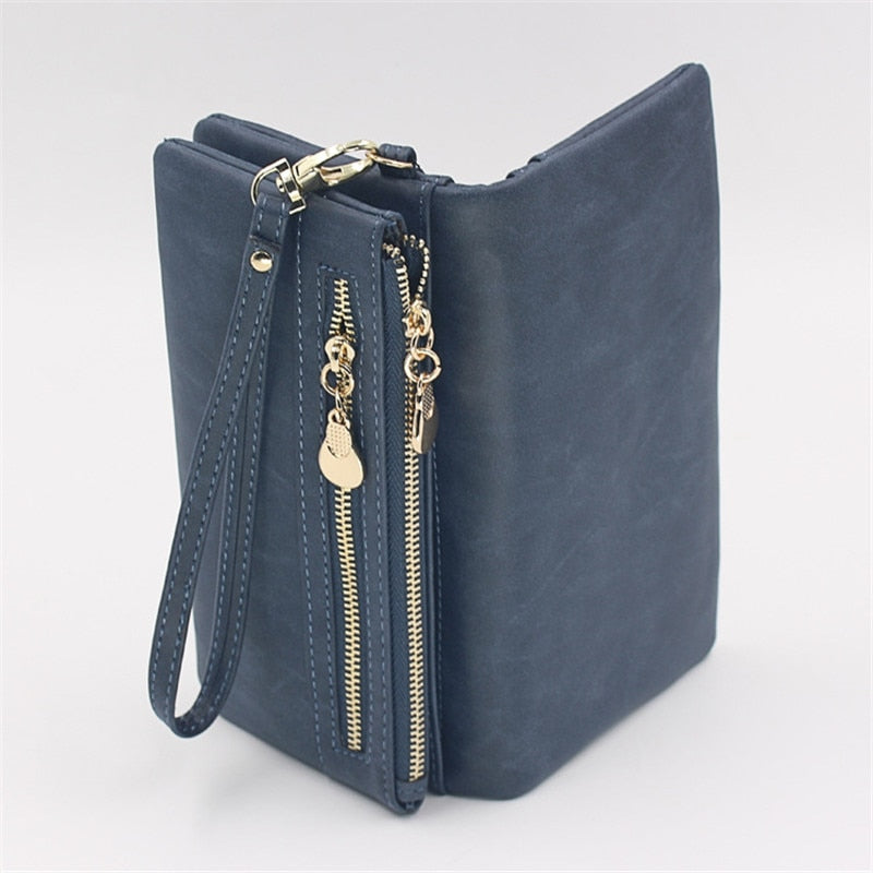 Fashion Women Wallets Dull Polish Leather Wallet Double Zipper Day Clutch Purse Wristlet Portefeuille Handbags Carteira Feminina