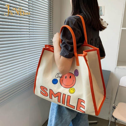 NEW Casual Canvas Women Cute Smile Handbag Large Capacity Handle Bag Shopping Tote Bag Fashion Simple Shoulder Bag Environmental